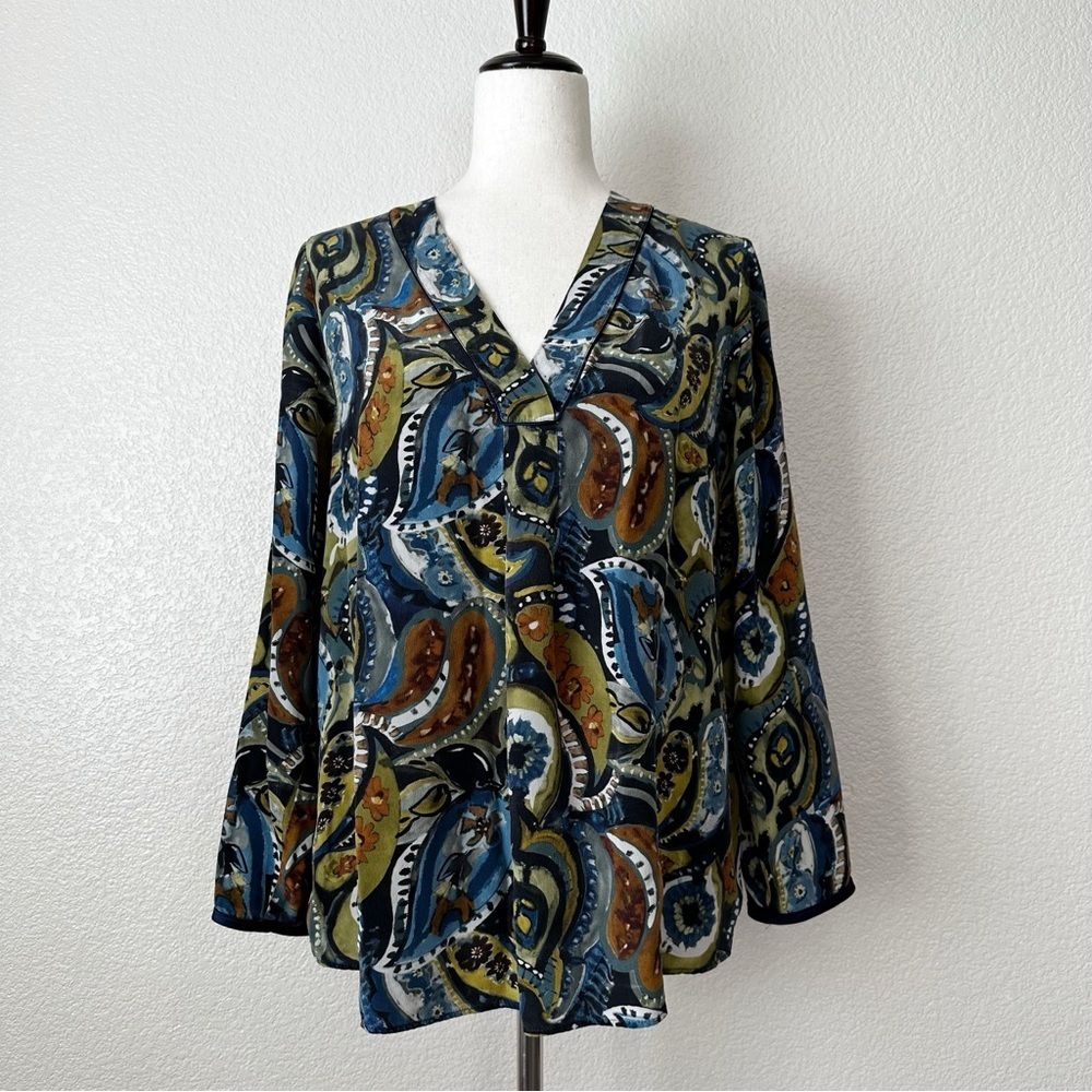 Lafayette 148 New York 100% Silk Paisley Floral Long Sleeves Blouse, Sz Medium
